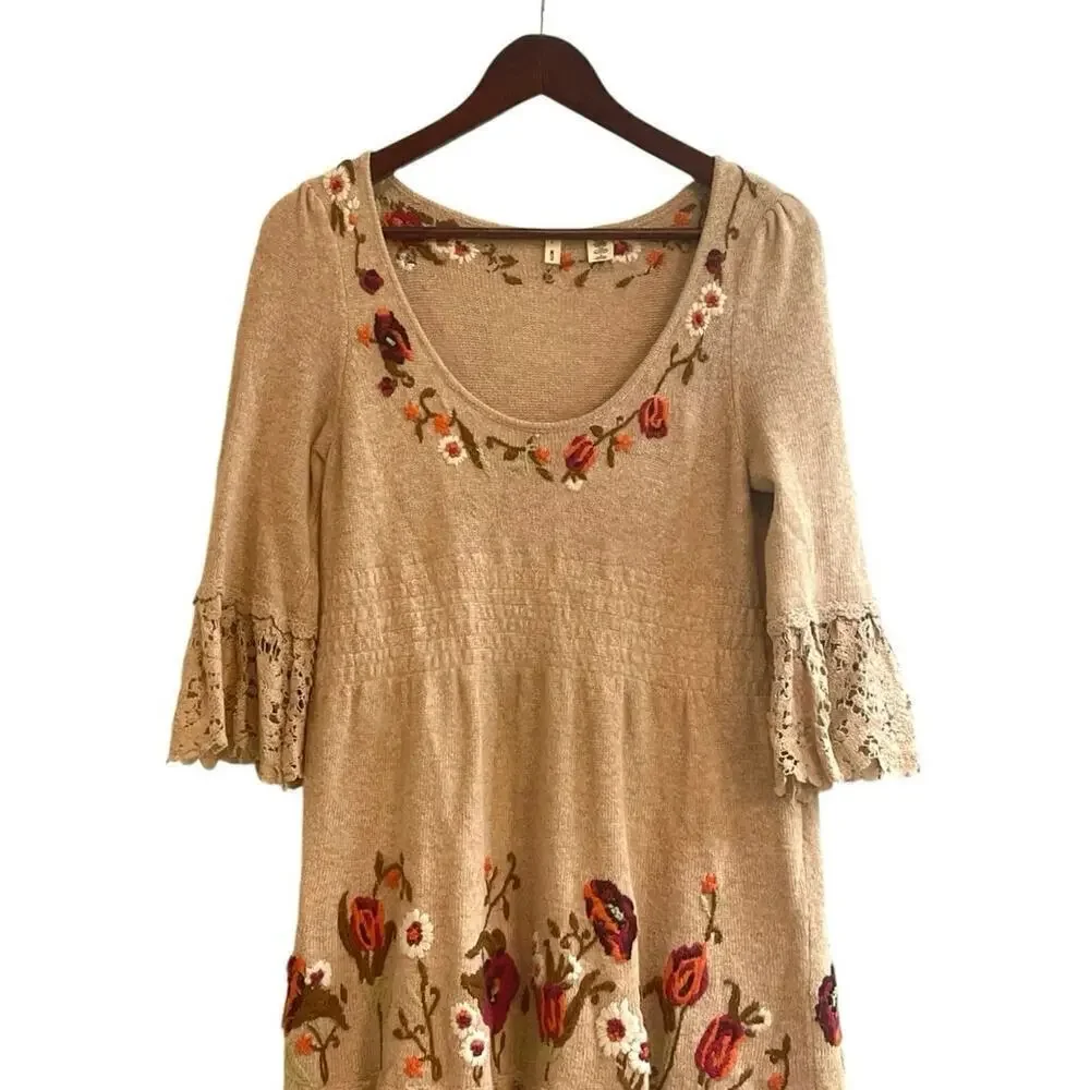 Anthropologie Moth "Village Pass Tunic" Sweater Dress Small Floral Crochet Lace - Picture 2 of 9